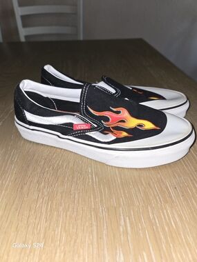 Vans Slip-On Sneakers Black  Orange Flame Mens 5 Womens 6.5